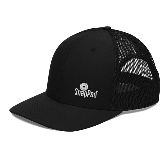 Front side angle of black SnapPad hat with mesh backing.