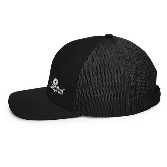 Side profile of Black SnapPad hat with mesh backing.