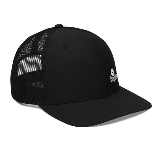 Front side profile of black SnapPad hat with mesh backing.