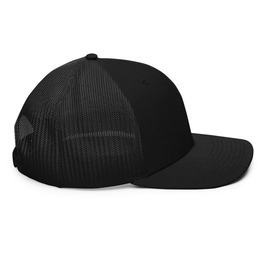 Side profile of black SnapPad hat with mesh backing.