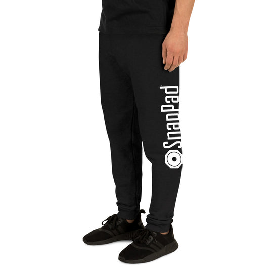 Person wearing Black SnapPad sweatpants with logo on side