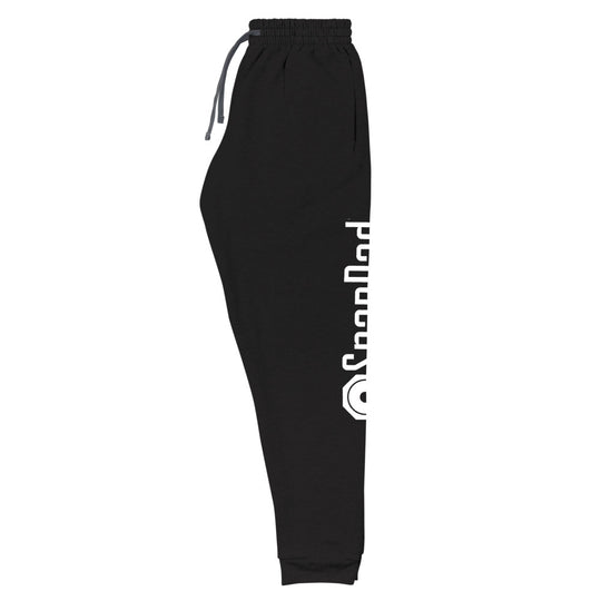 Side view of Black SnapPad sweatpants with logo on side